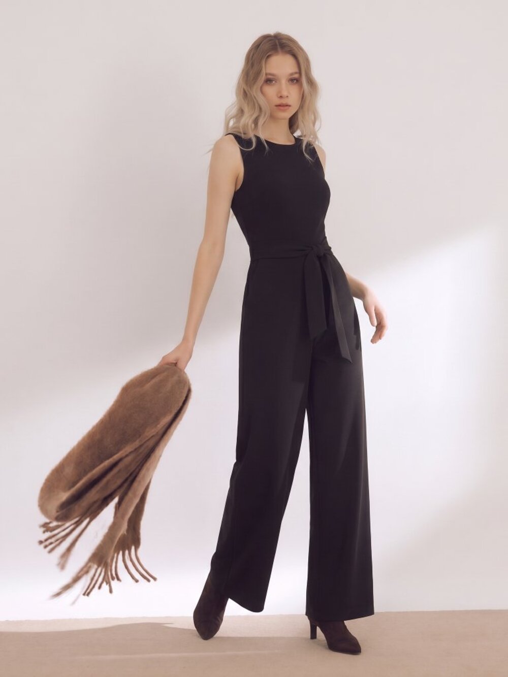 Smash + Tess Black Sleeveless Wide-Leg Jumpsuit with Waist Tie